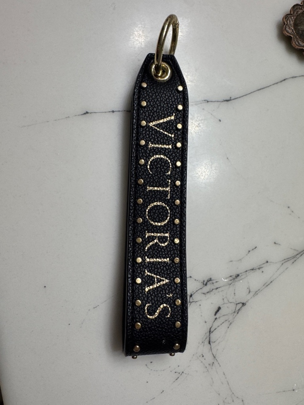 Victoria's Secret Black Leather Key Wristlet with Gold Accents